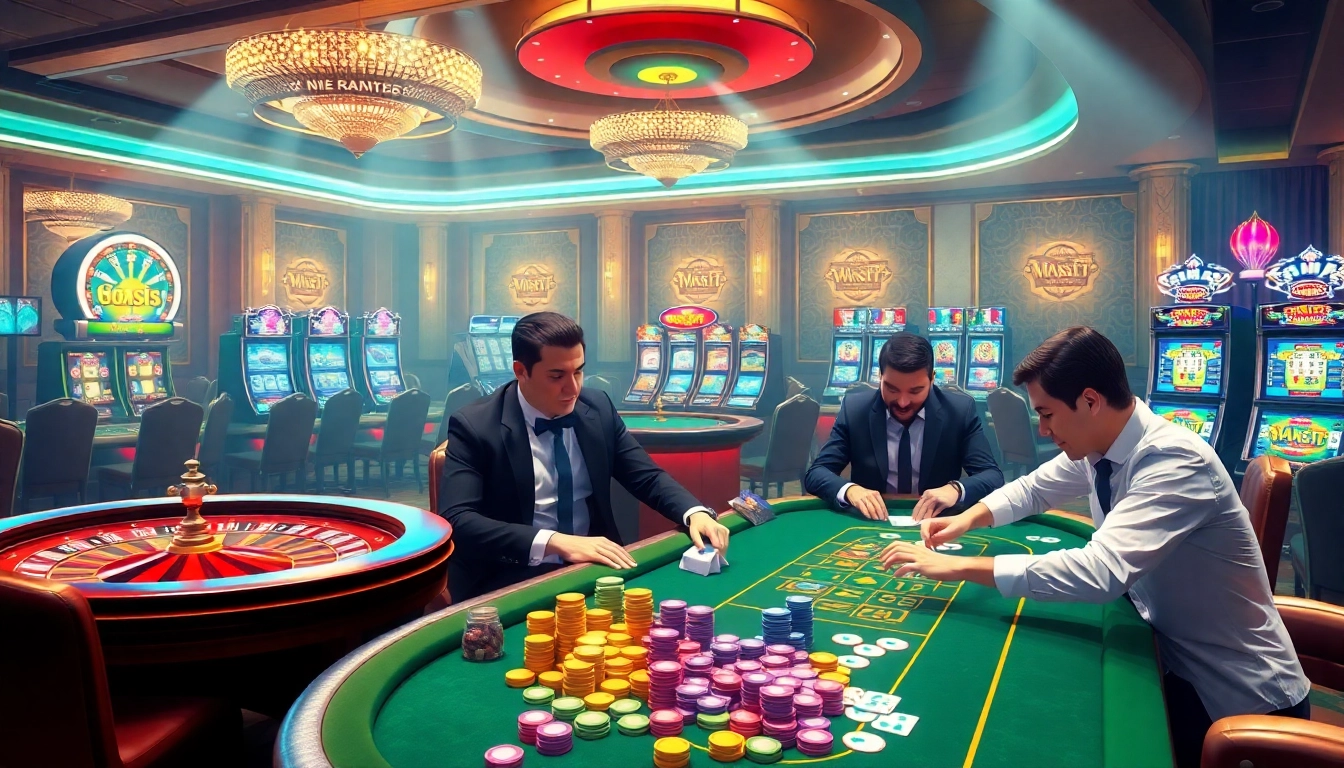 Experience the thrill at MM88.COM with an exciting casino atmosphere featuring poker tables and roulette wheels.