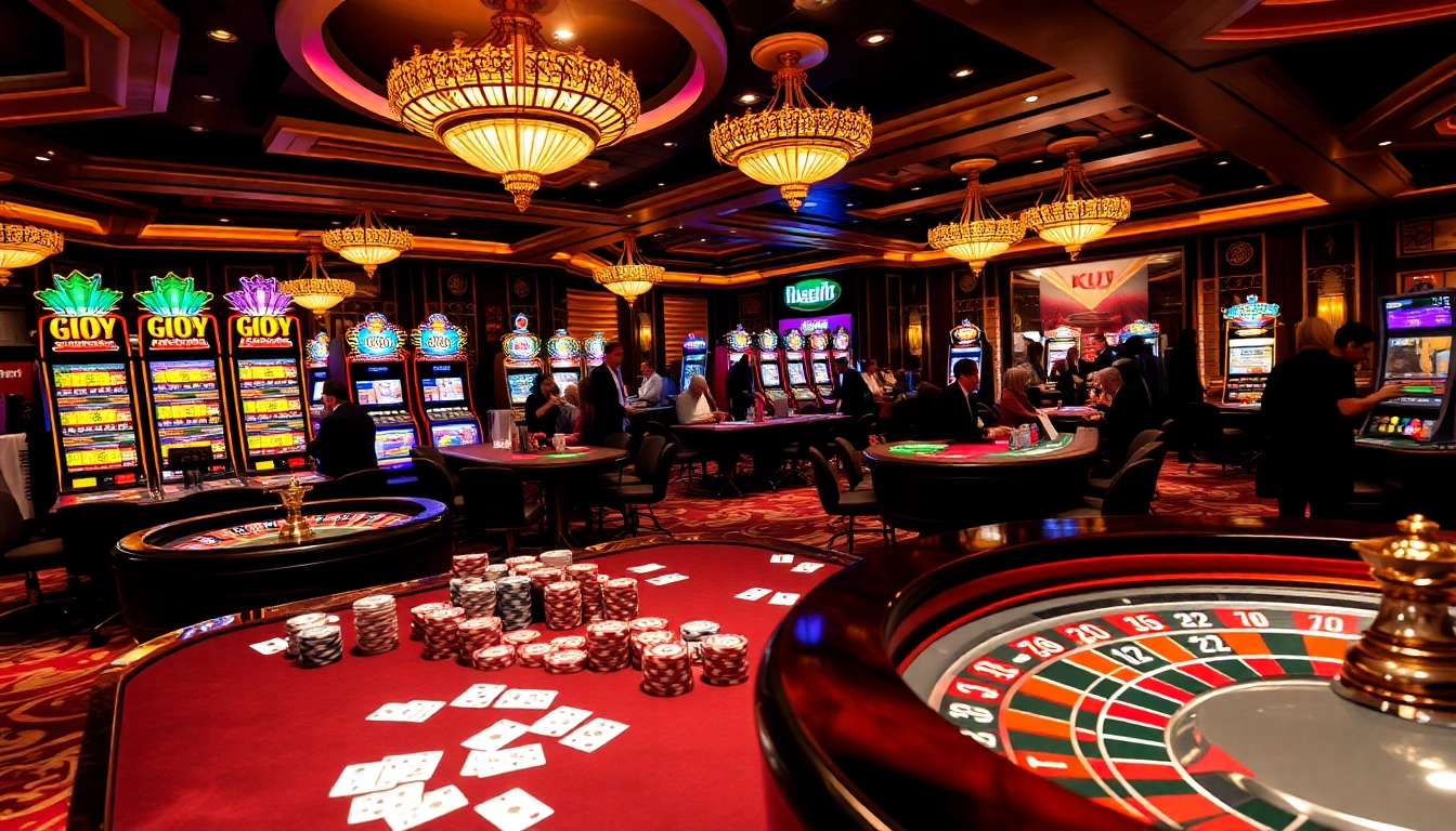 KJC gambling scene with players at casino tables enjoying poker and roulette games.