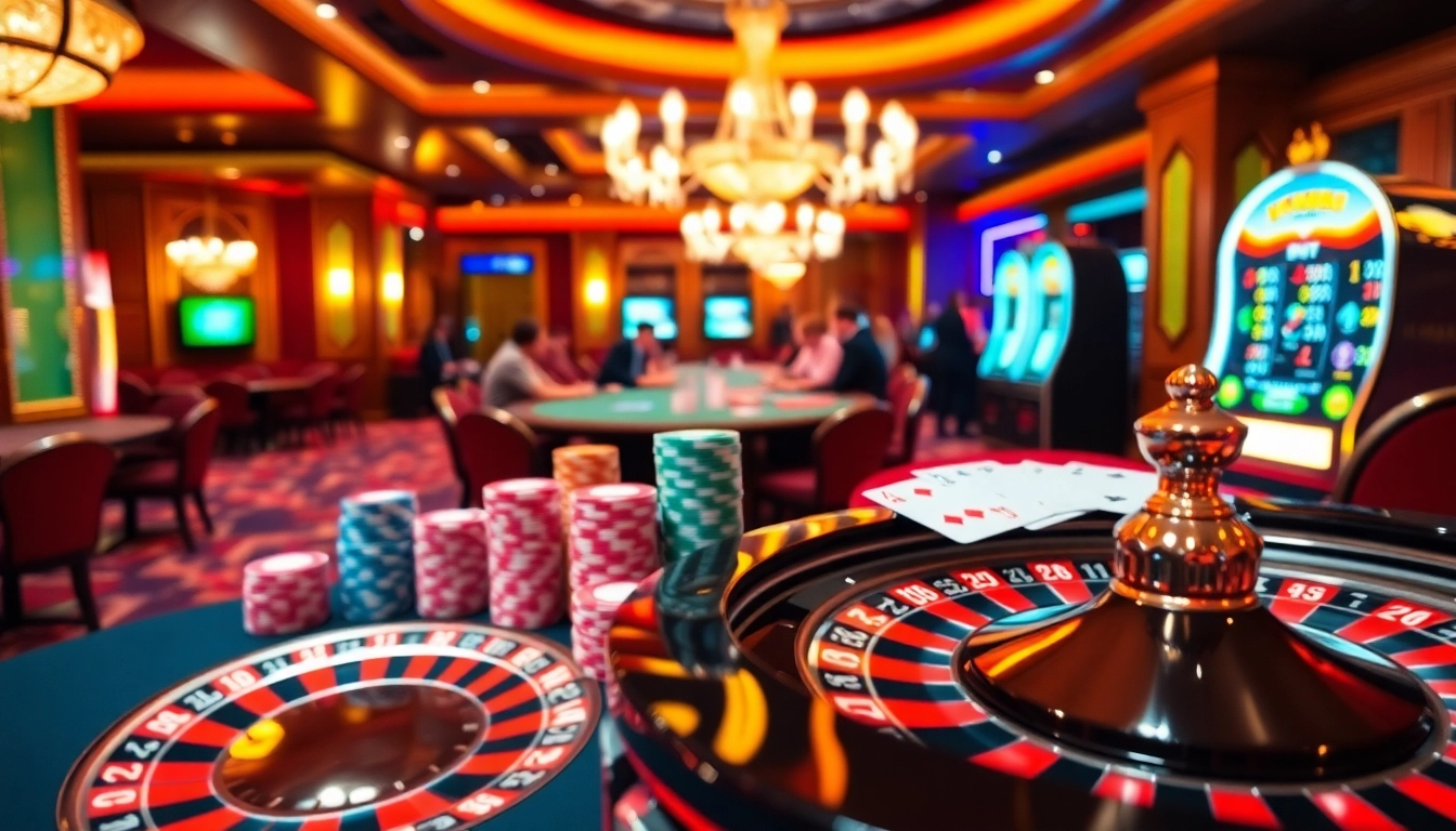 Experience thrilling gameplay at LC88 with vibrant casino elements like roulette and poker chips.