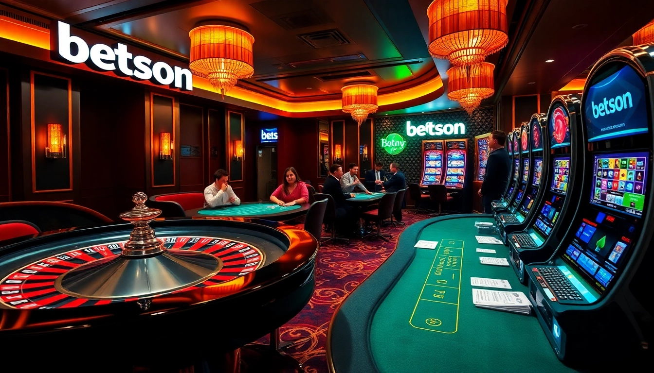 Exciting casino scene showcasing Betsson gaming, featuring poker tables and a roulette wheel.