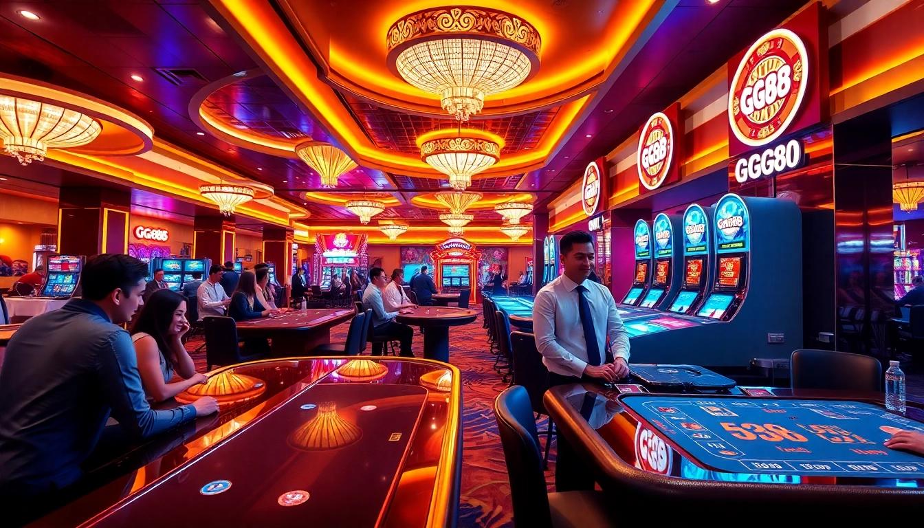 GG88 vibrant casino gaming scene with happy players and professional dealers.