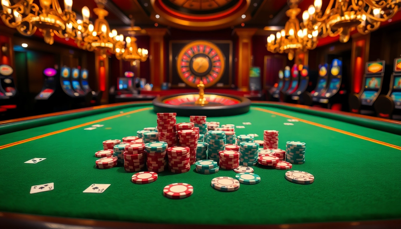 Experience the thrill of gambling at https://okfun.baby/ with colorful poker chips and gaming tables in a luxurious casino setting.