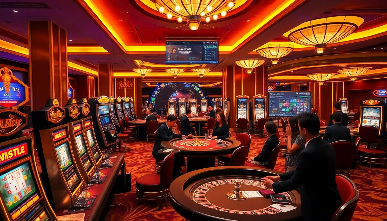 Engaging gamblers at the trang chủ kkwin casino showcasing lively gaming tables and vibrant slot machines.