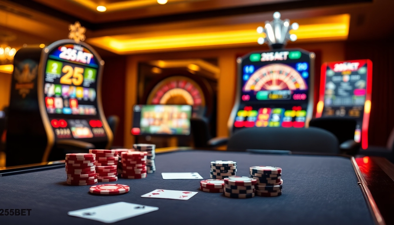 Engaging gambling scene with 255BET themed poker table and slot machine.