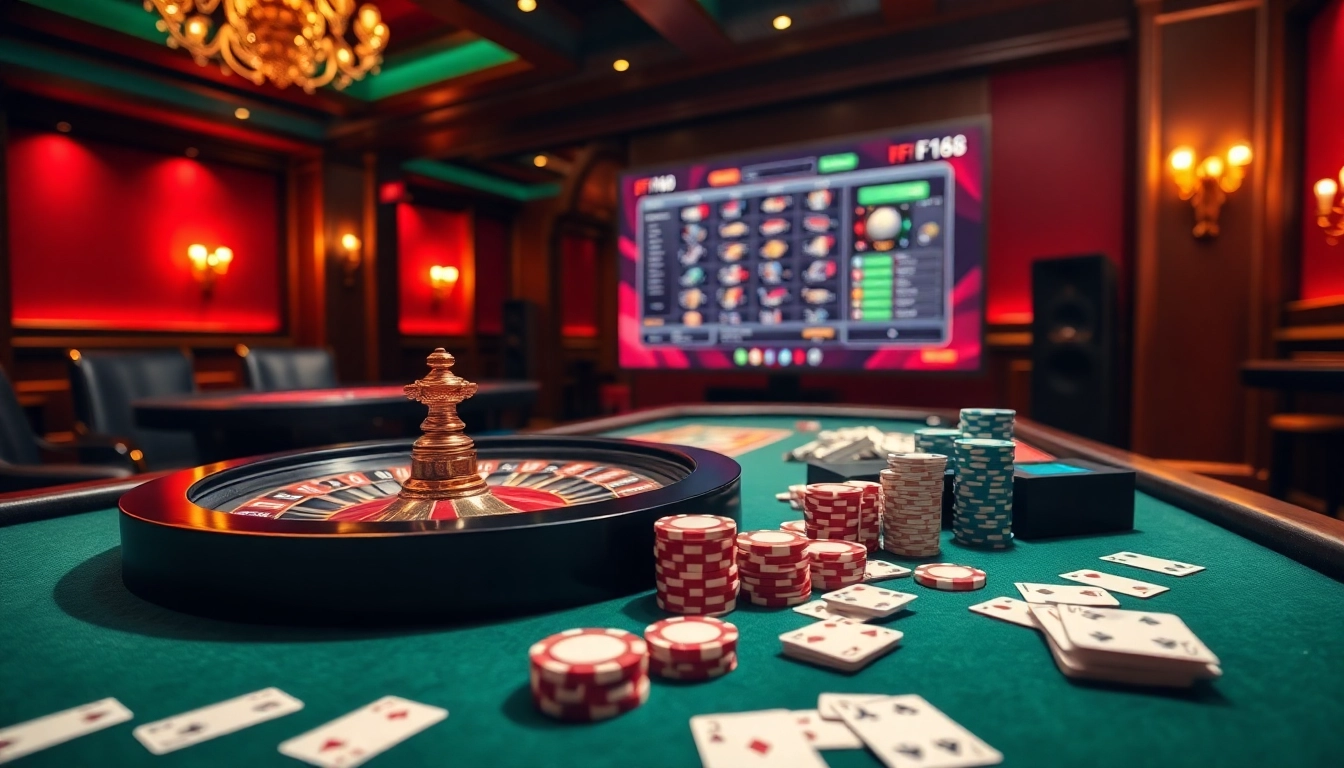 F168 players strategizing at a casino table with poker chips and roulette wheel.