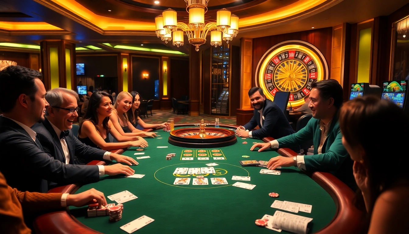 Players enjoying a high-stakes poker game at rr88 casino with vibrant chips and cards.