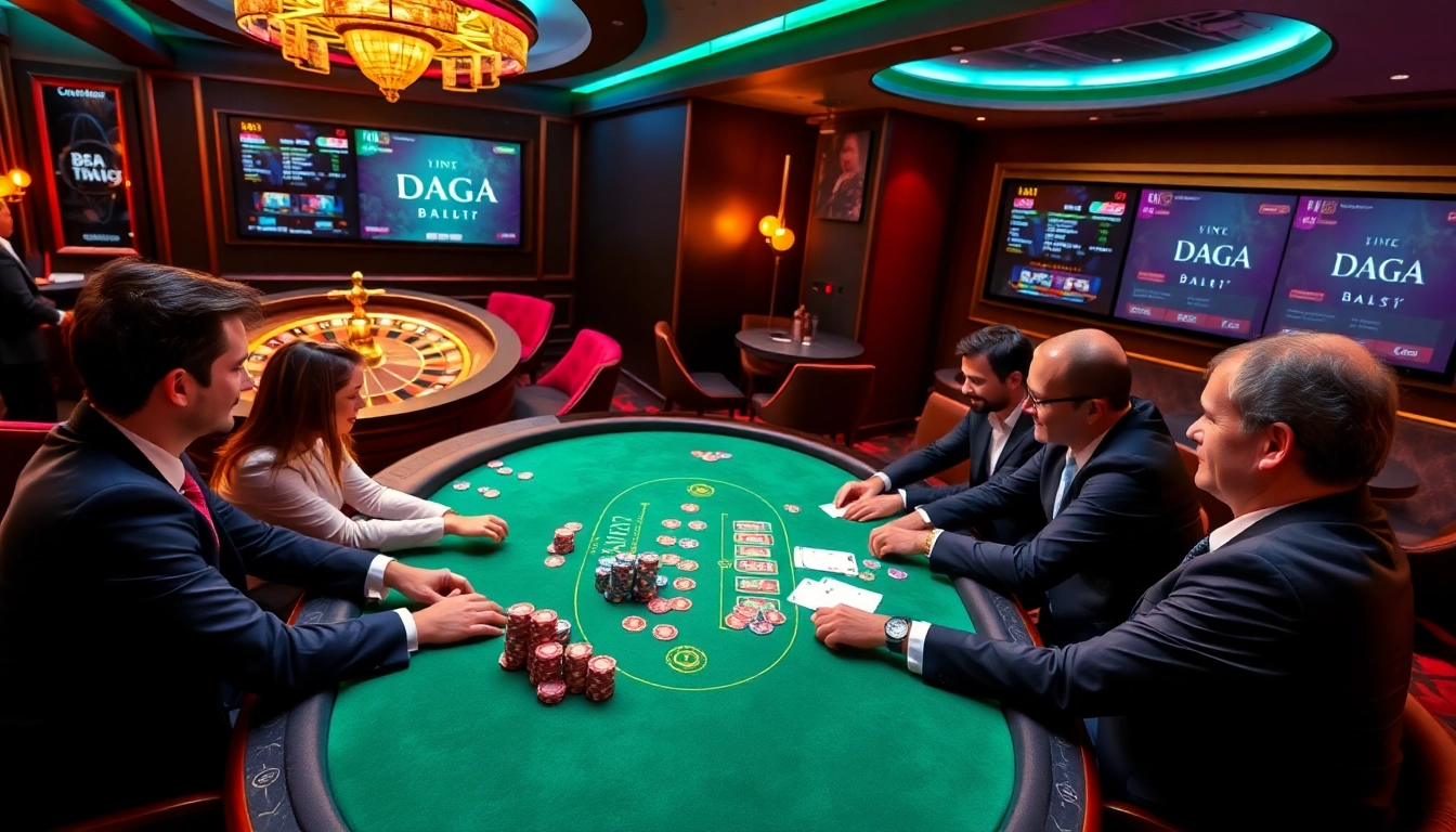 DAGA gamers strategizing at a luxurious poker table with vibrant chips and cards.