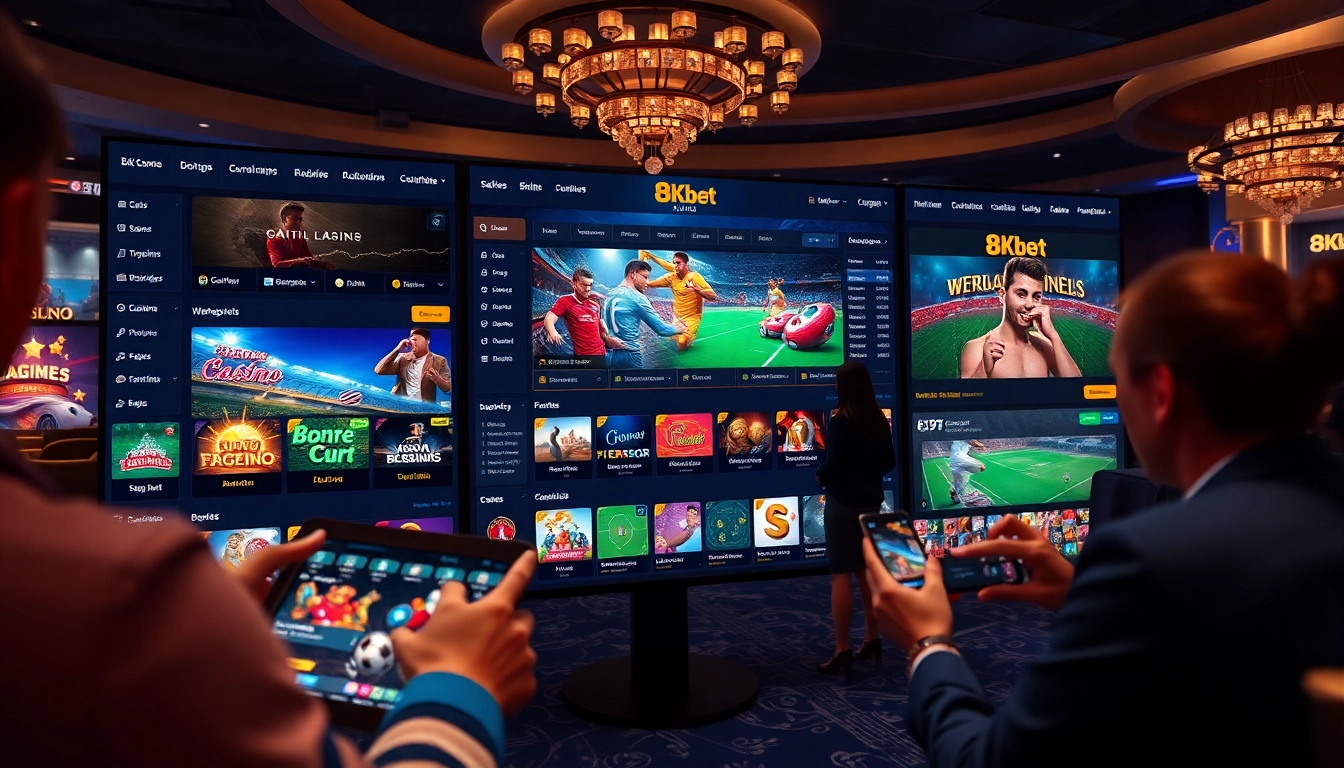 8Kbet online betting interface showcasing casino games and sports betting with a luxurious and engaging atmosphere.