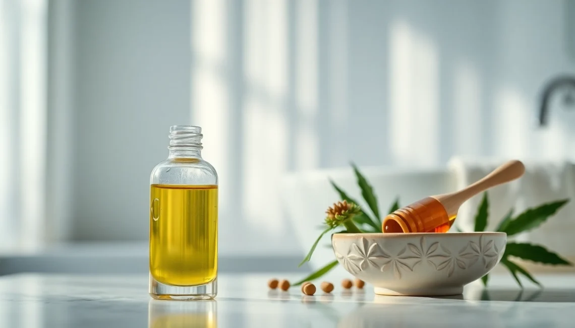 Apply CBD oil for skin alongside natural ingredients in a serene bathroom environment.