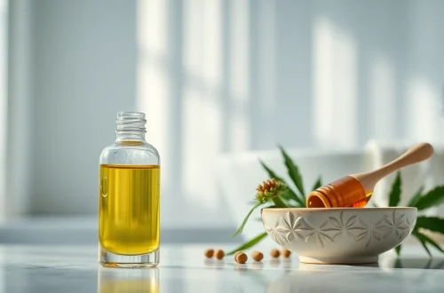Apply CBD oil for skin alongside natural ingredients in a serene bathroom environment.