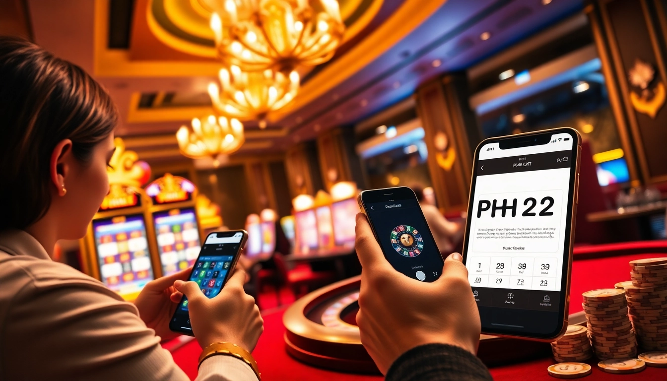 Players enjoying a thrilling gaming experience with PH22 on their mobile devices in a luxurious casino setting.