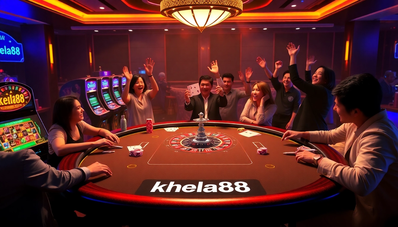 Players enjoying an exciting game at khela88's vibrant casino table with colorful poker chips.