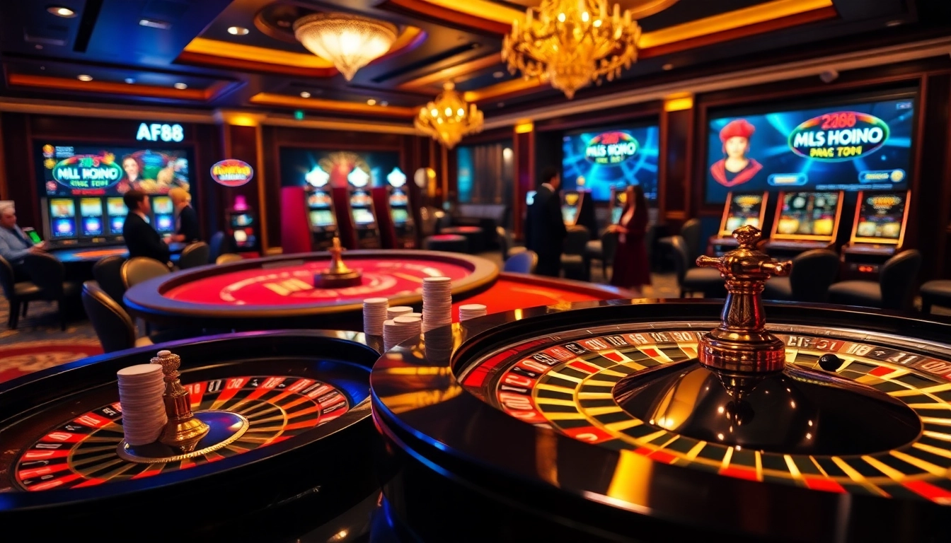 Experience high-stakes gaming action at AF88 with a stunning casino atmosphere featuring roulette and poker chips.