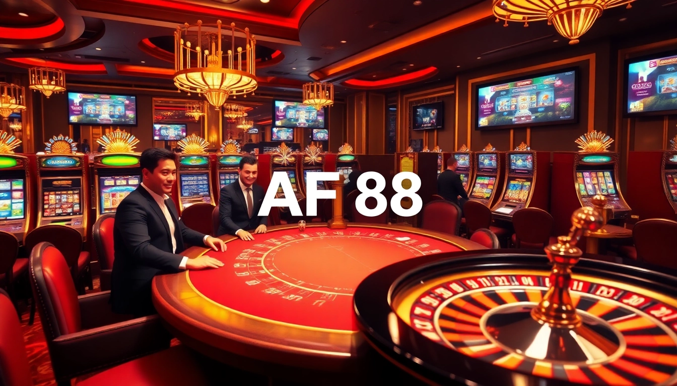 Experience high-stakes casino action with AF88-themed poker games and flashing slot machines.