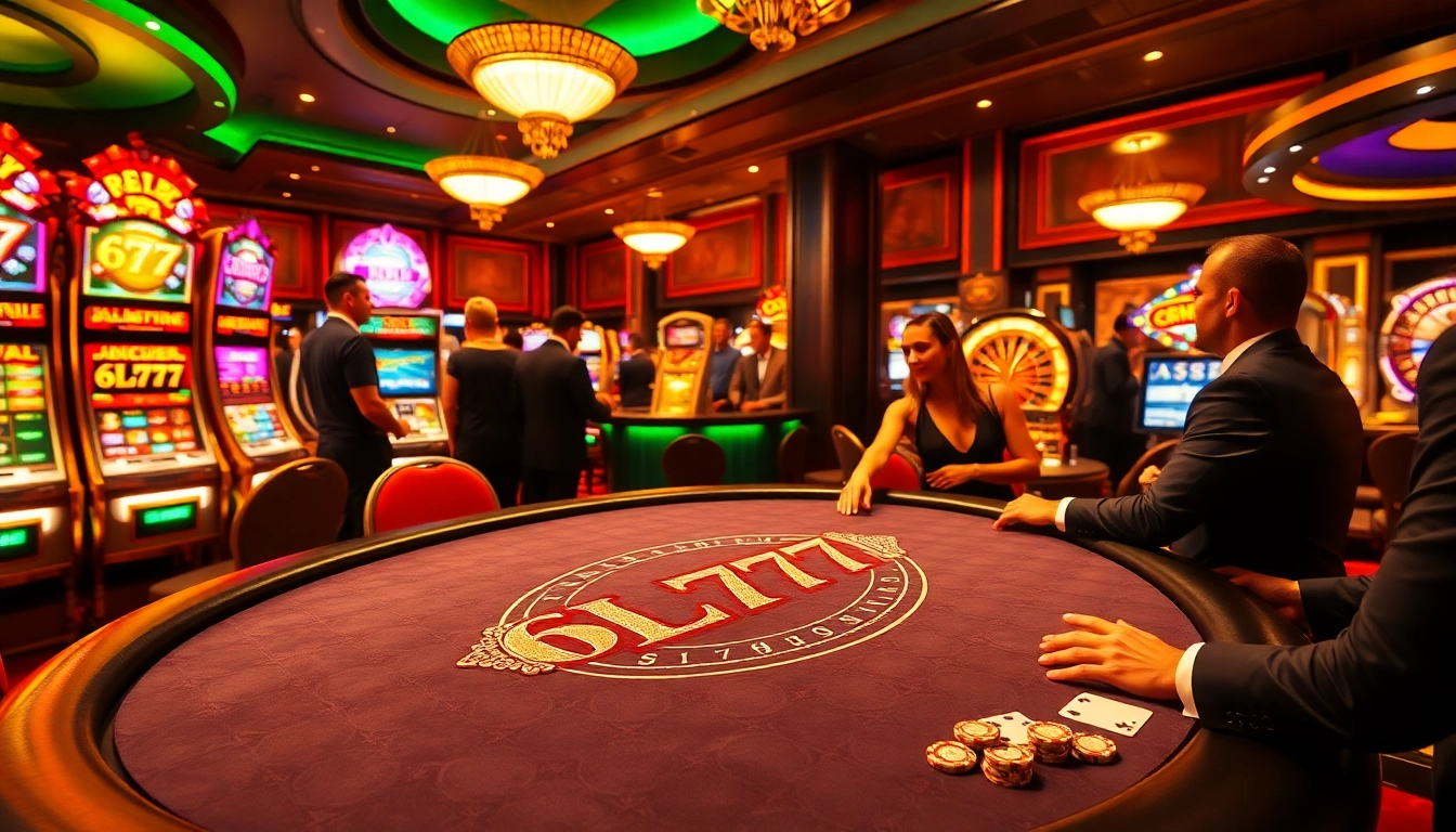 Engaged players enjoy a thrilling game at a 6L777 casino table featuring vibrant lights and chips.