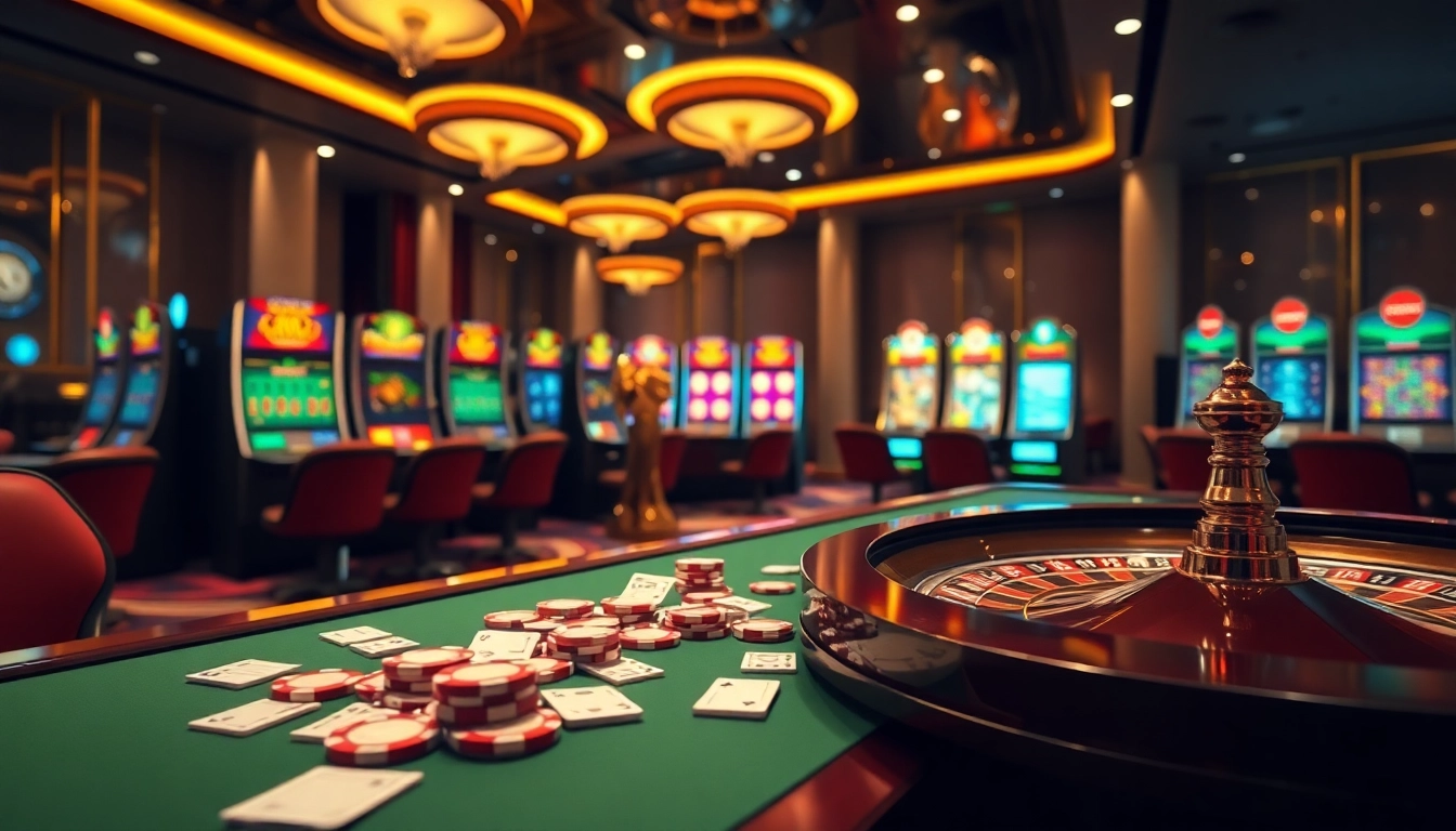 Engaging gaming scene at https://ffgg88.com/ featuring stylish casino tables and vibrant slot machines.