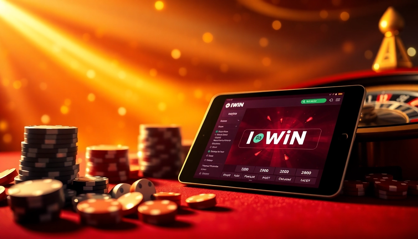 IWIN online casino interface showcasing poker chips and roulette wheel, evoking excitement and luxury.
