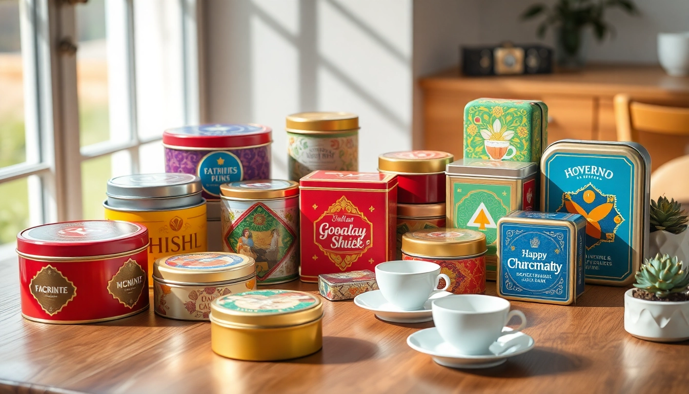 Vibrant custom tins with unique designs displayed on a wooden table, capturing attention.