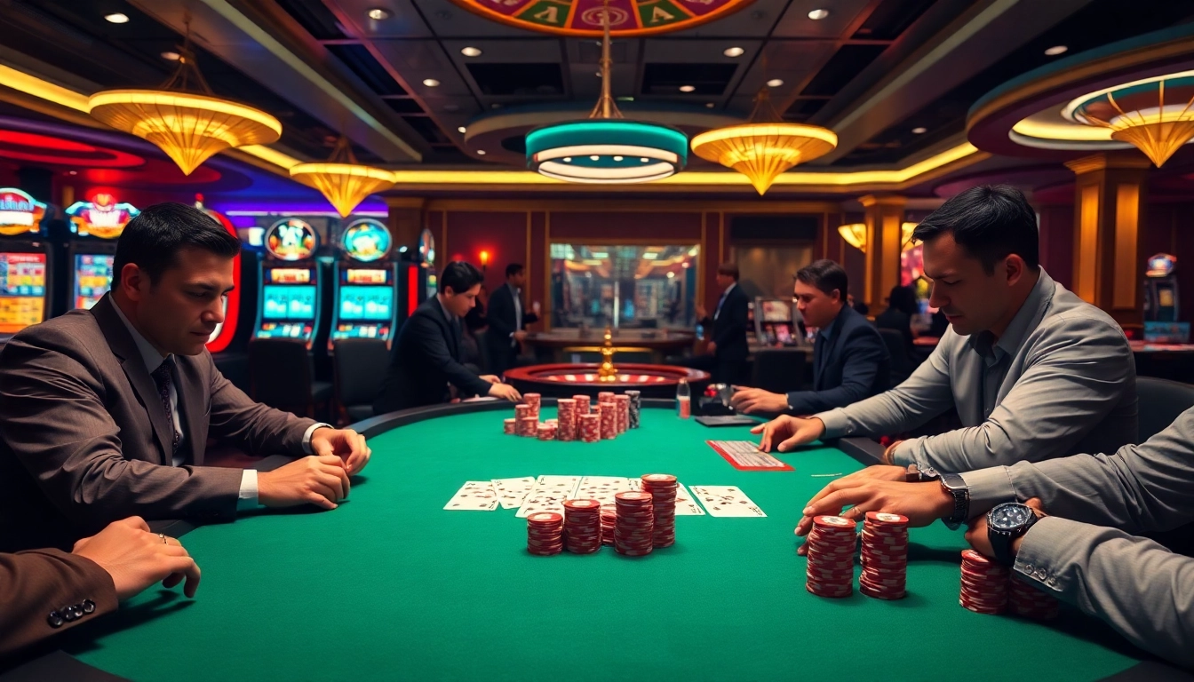 Go8 players strategizing at a high-stakes poker table with vibrant casino ambiance.