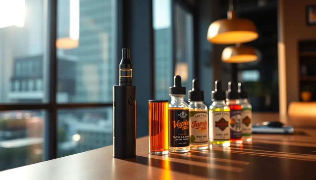 Engaging setup of Vape & E-Liquids showcasing stylish vape pen and colorful bottles.