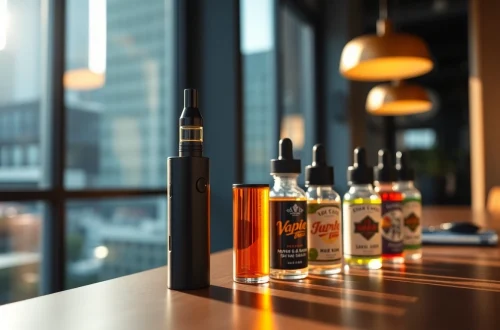 Engaging setup of Vape & E-Liquids showcasing stylish vape pen and colorful bottles.