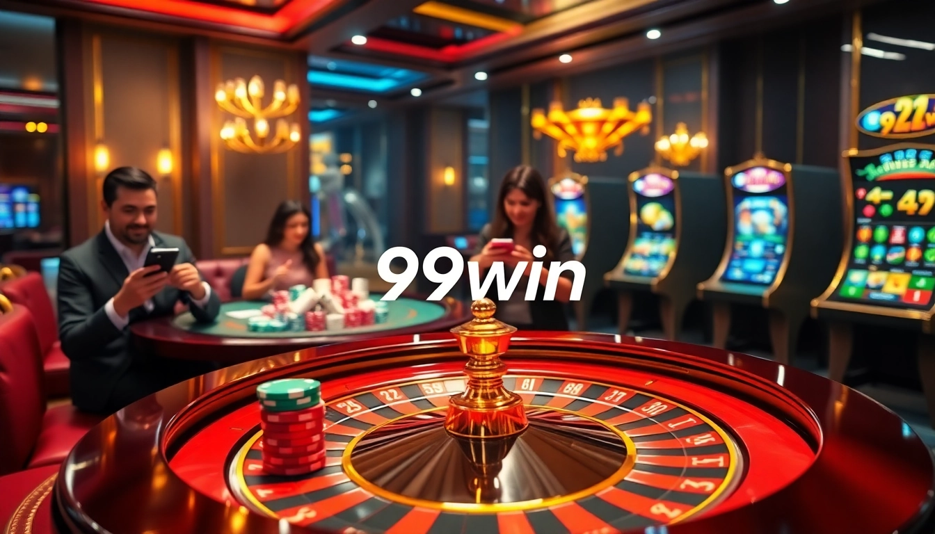 Engaging gamblers enjoying a dynamic online casino experience with 99win branding.