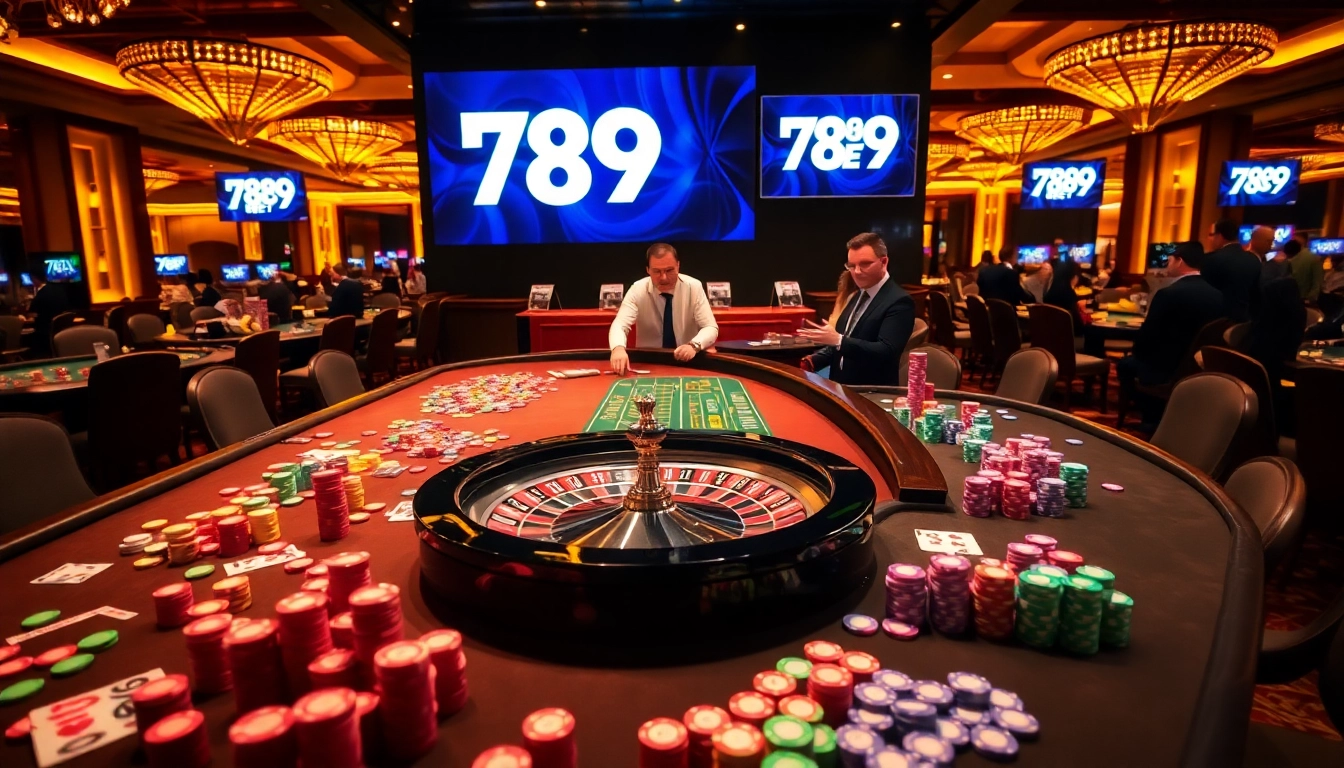 A lively casino scene showcasing the thrill of gambling at 789BET with poker chips and roulette.