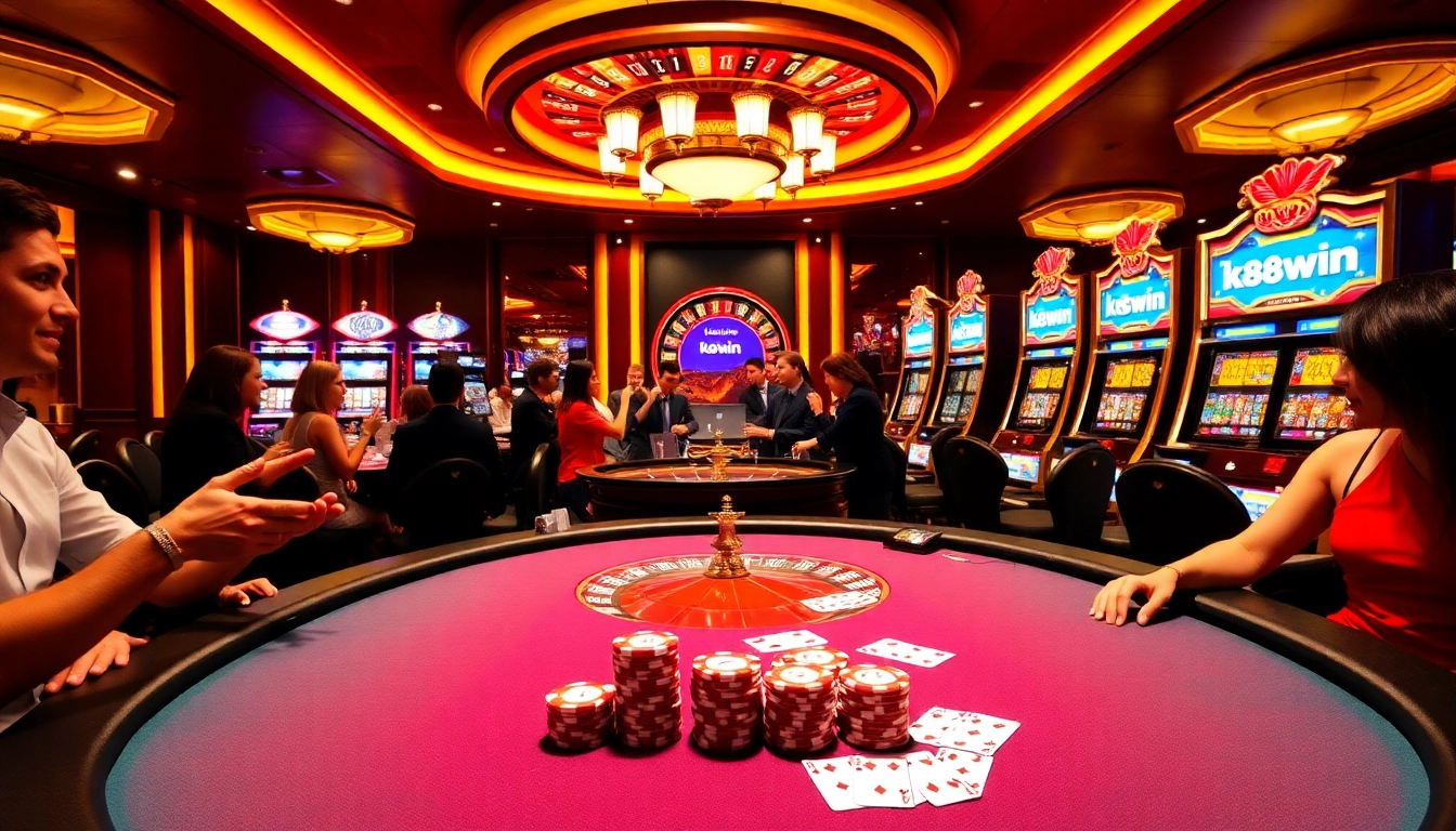 Exciting poker action at K88win casino with vibrant chips and cards.