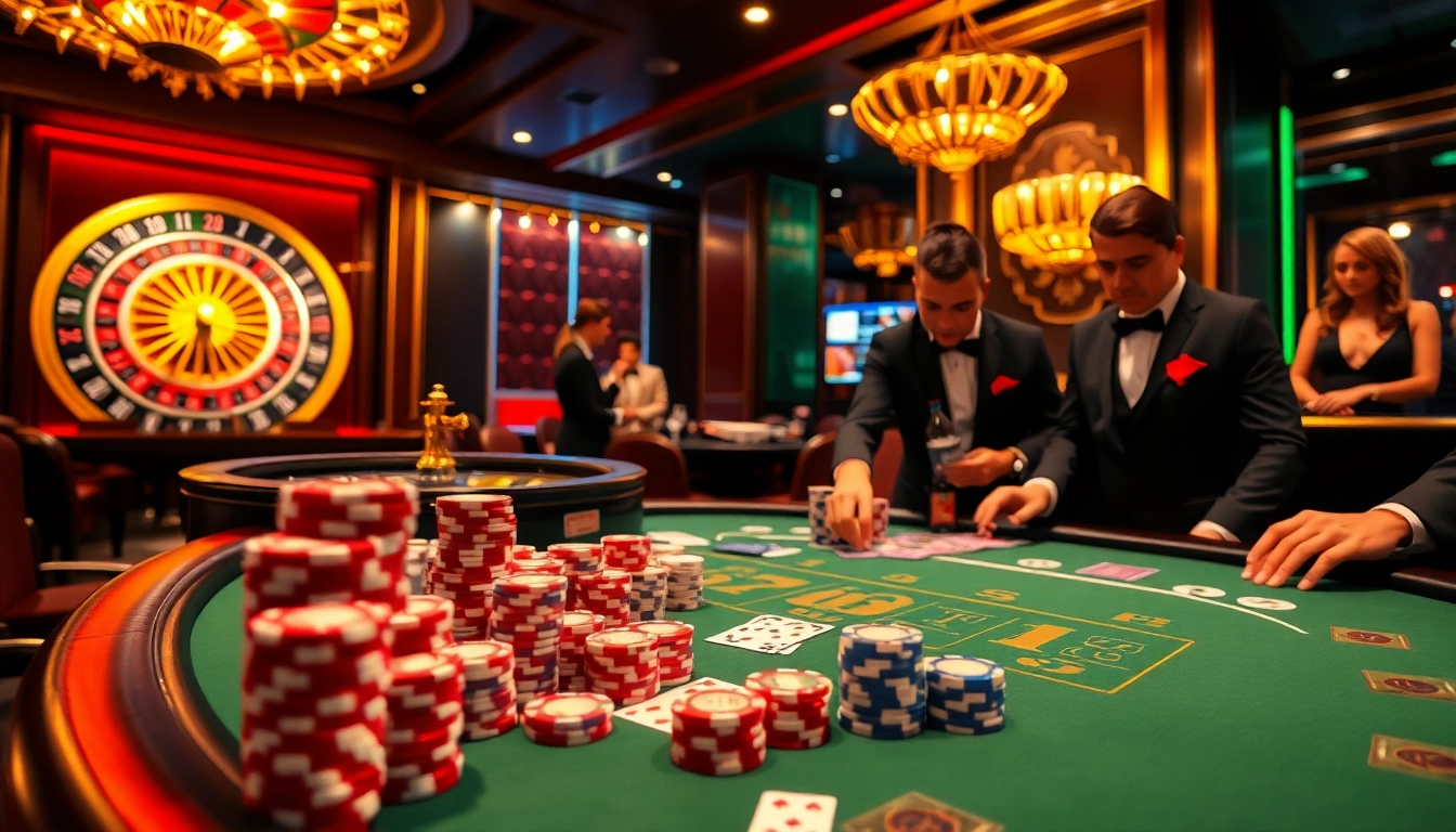 Players experiencing the thrill of poker at https://nh88vn.net/, surrounded by vibrant casino elements and excitement.