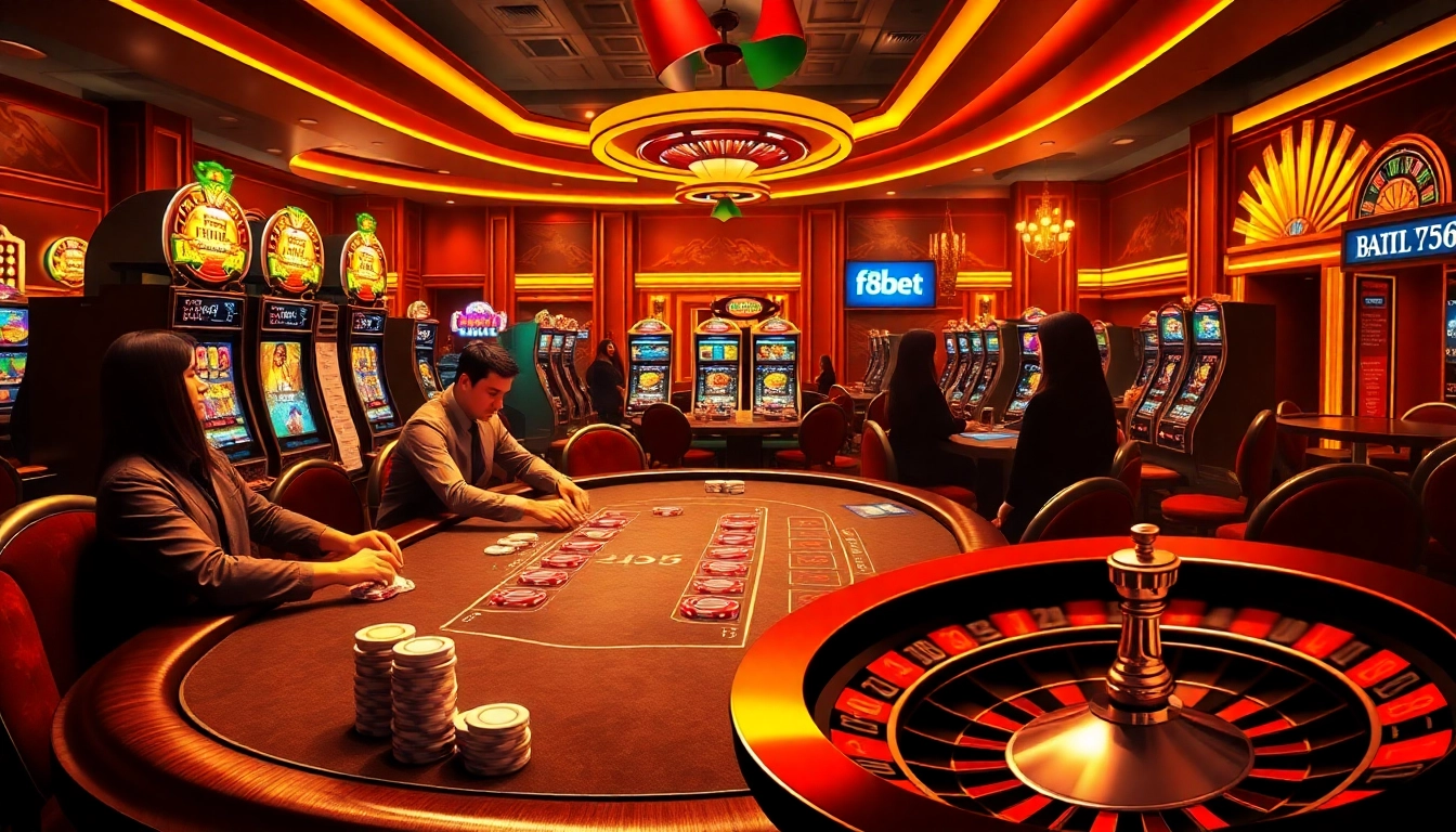 Engage in an exhilarating casino atmosphere at f8bet with vibrant poker tables and slot machines.