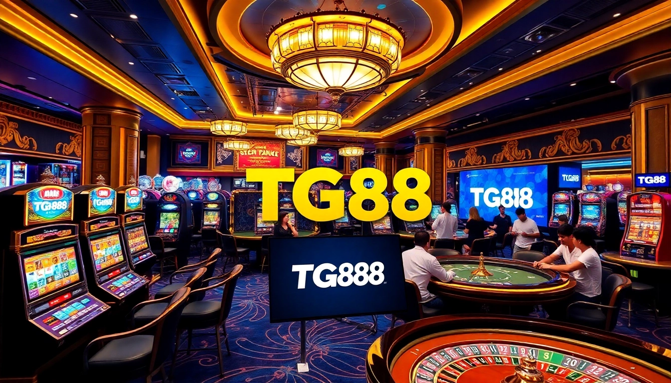 Players enjoying casino games at TG88, surrounded by vibrant slots and decor.