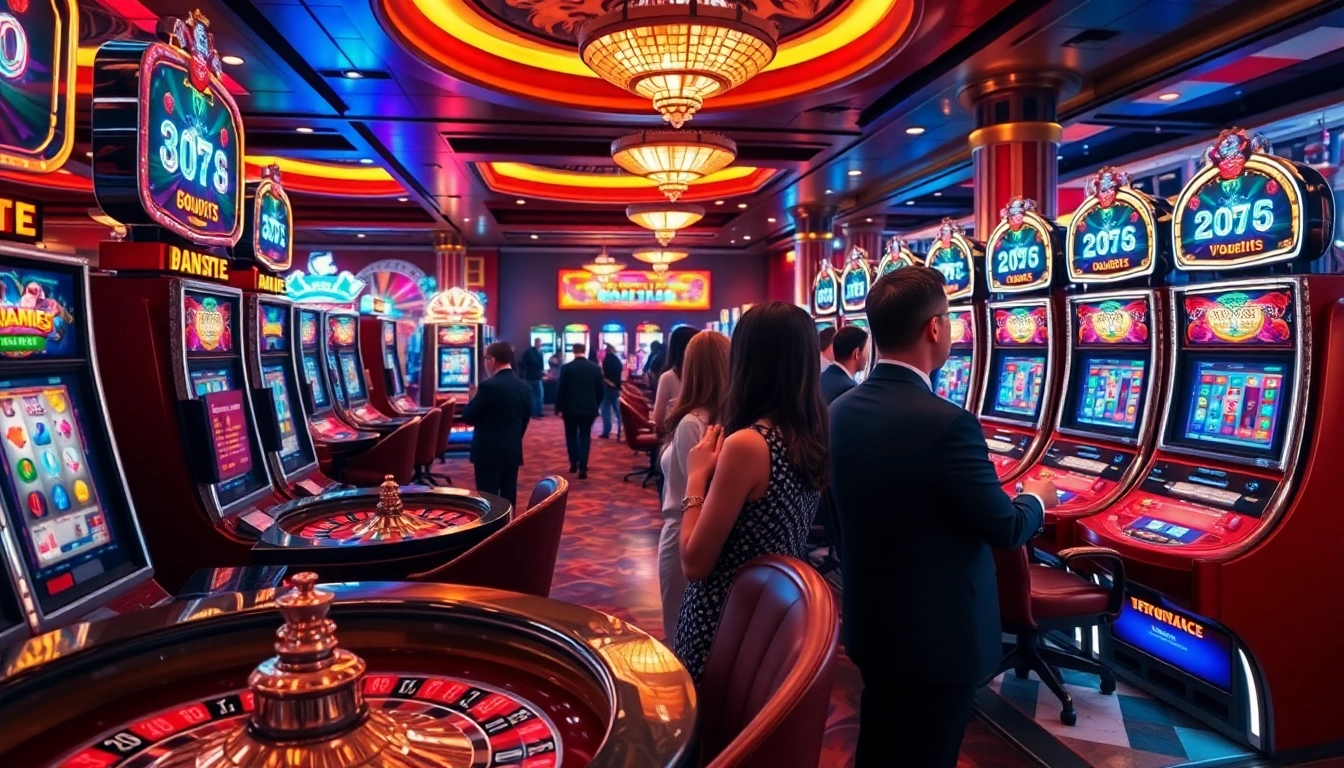 Engaged players enjoying the vibrant atmosphere at SLOTS8 casino's slot machines.