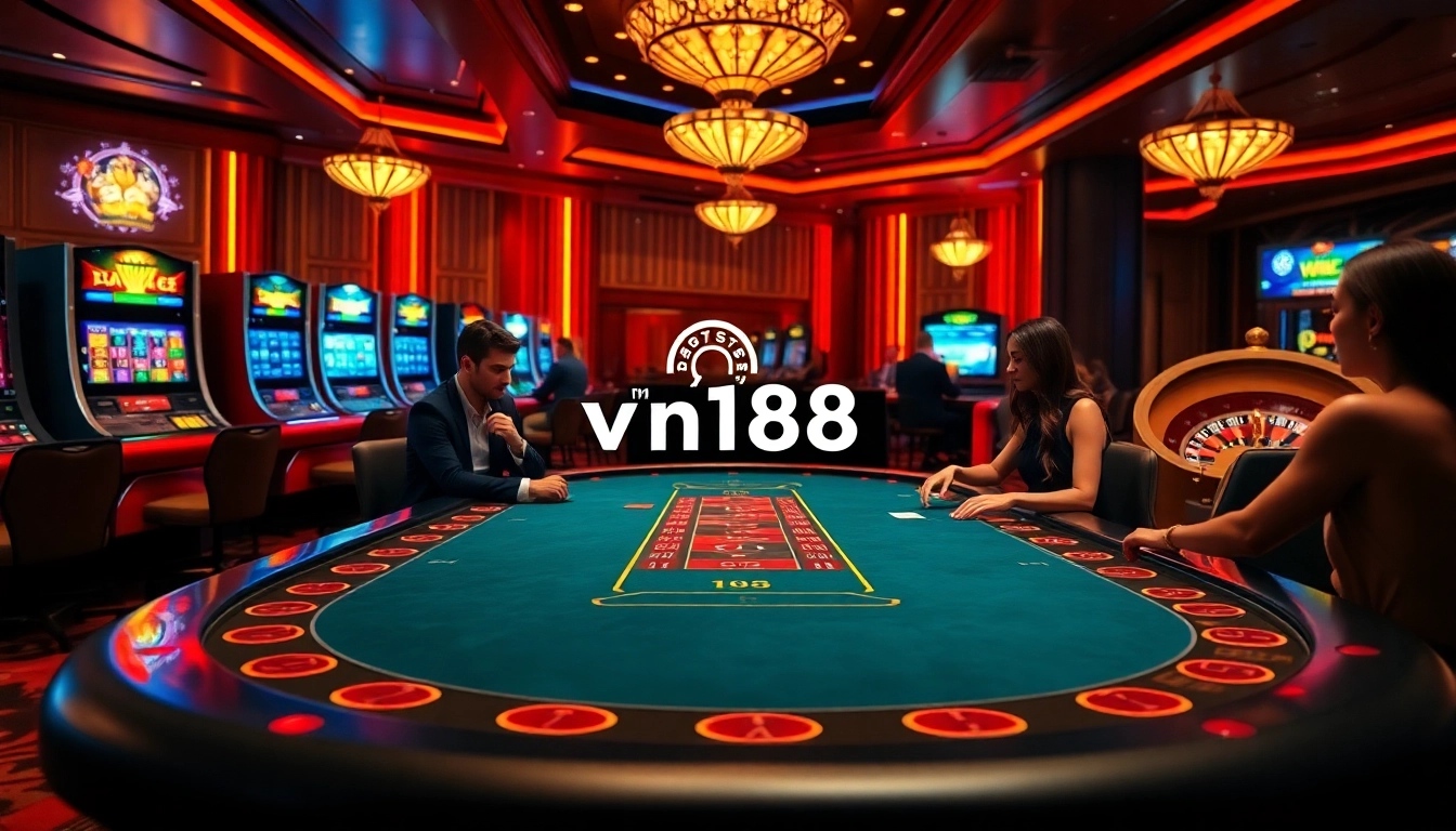 Exciting poker game experience at vn168 casino, showcasing vibrant tables and luxury ambiance.