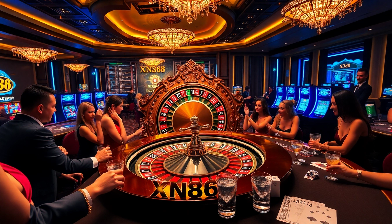 XN88 casino excitement with roulette wheel and glamorous players betting.