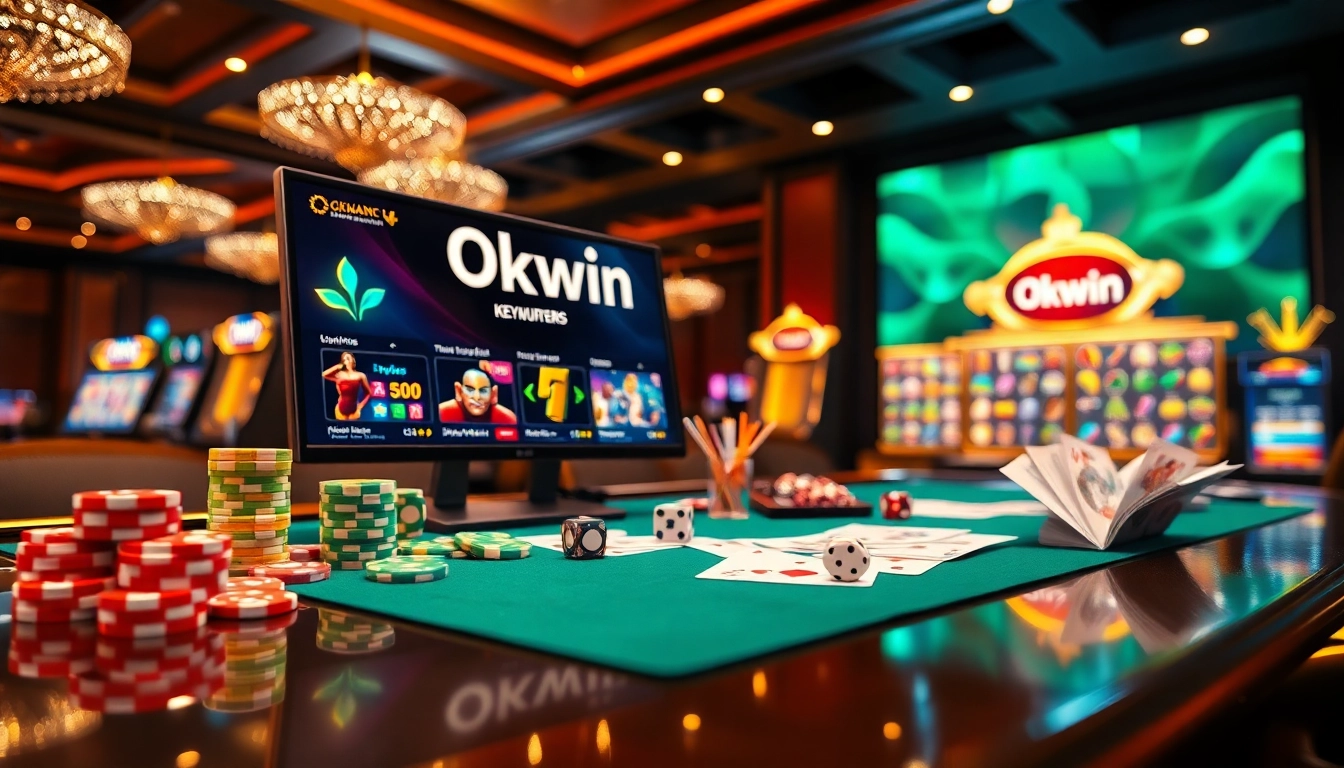 Okwin casino scene showcasing colorful chips and a vibrant online gambling atmosphere.