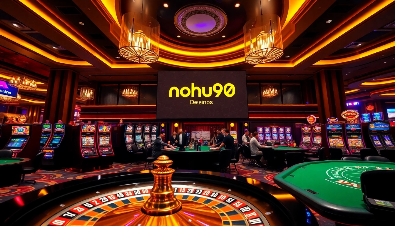 Nohu90 casino scene showcasing exciting gameplay with players at roulette and slots, exuding luxury.