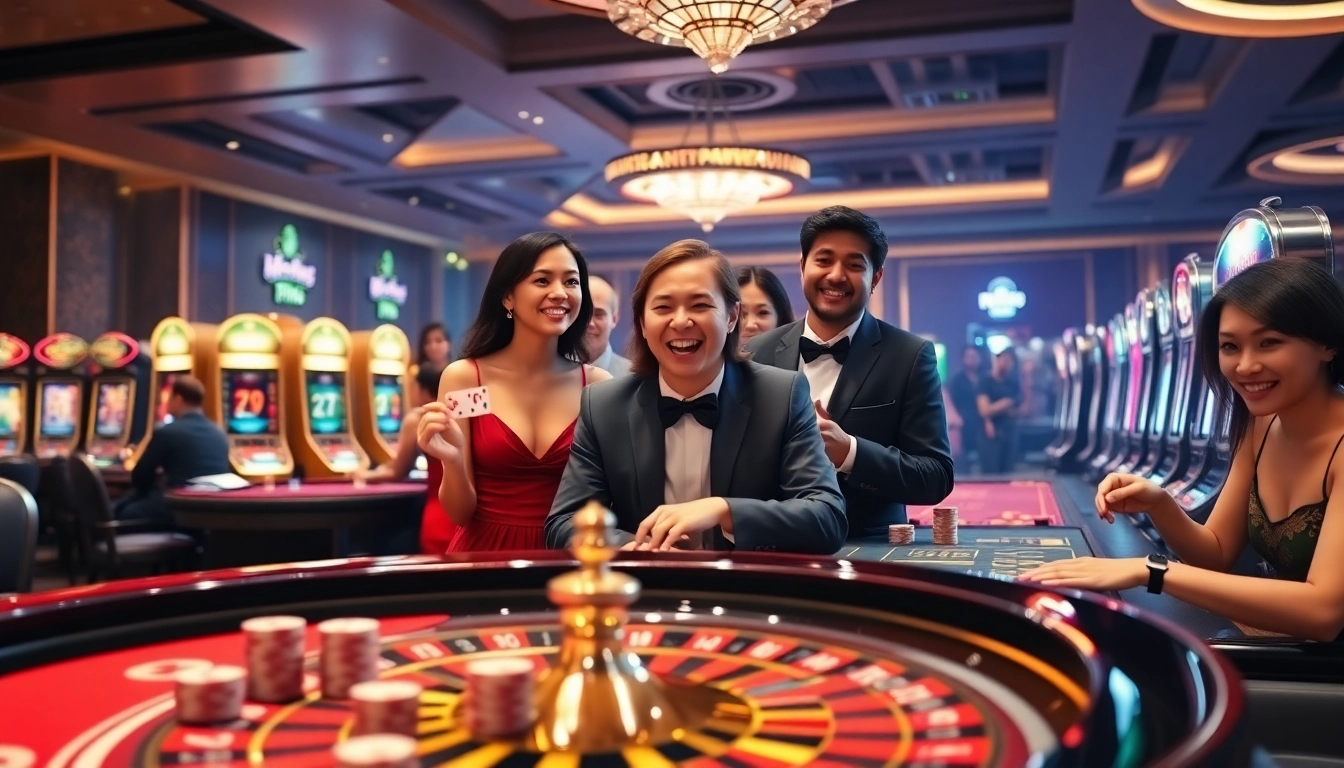 Players engaging at a luxurious RR88 casino table with vibrant gaming elements.