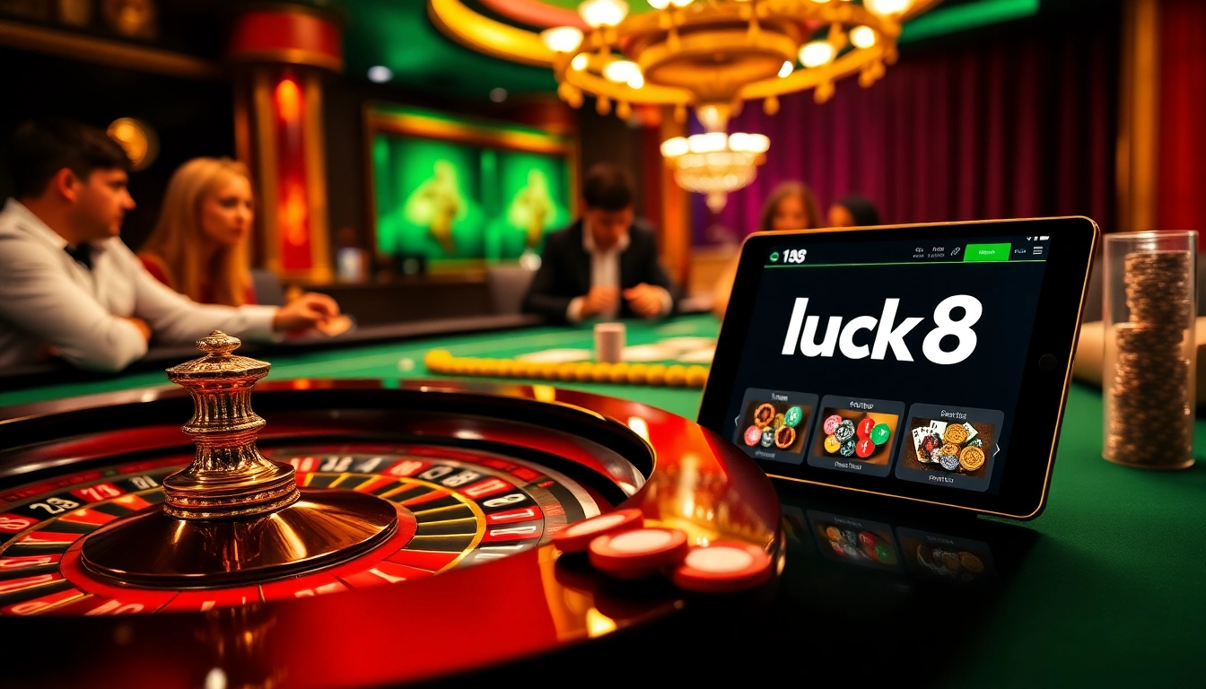 Experience the excitement of luck8 with players enjoying a high-stakes poker game and a tablet showcasing online gambling.