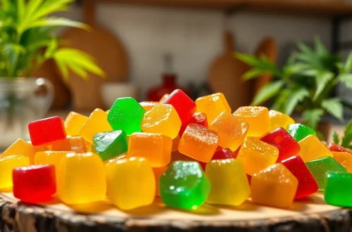 Indulge in Weed Gummies with colorful varieties displayed elegantly on a natural wooden platter.