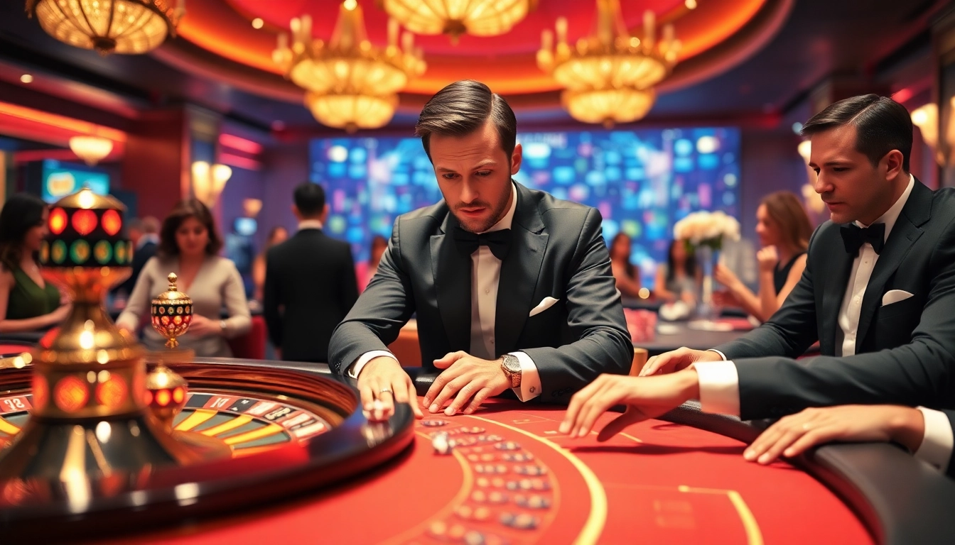 Experience high-stakes excitement at https://kuwinzhz.com/ with players engaged at elite gambling tables and roulette wheels.