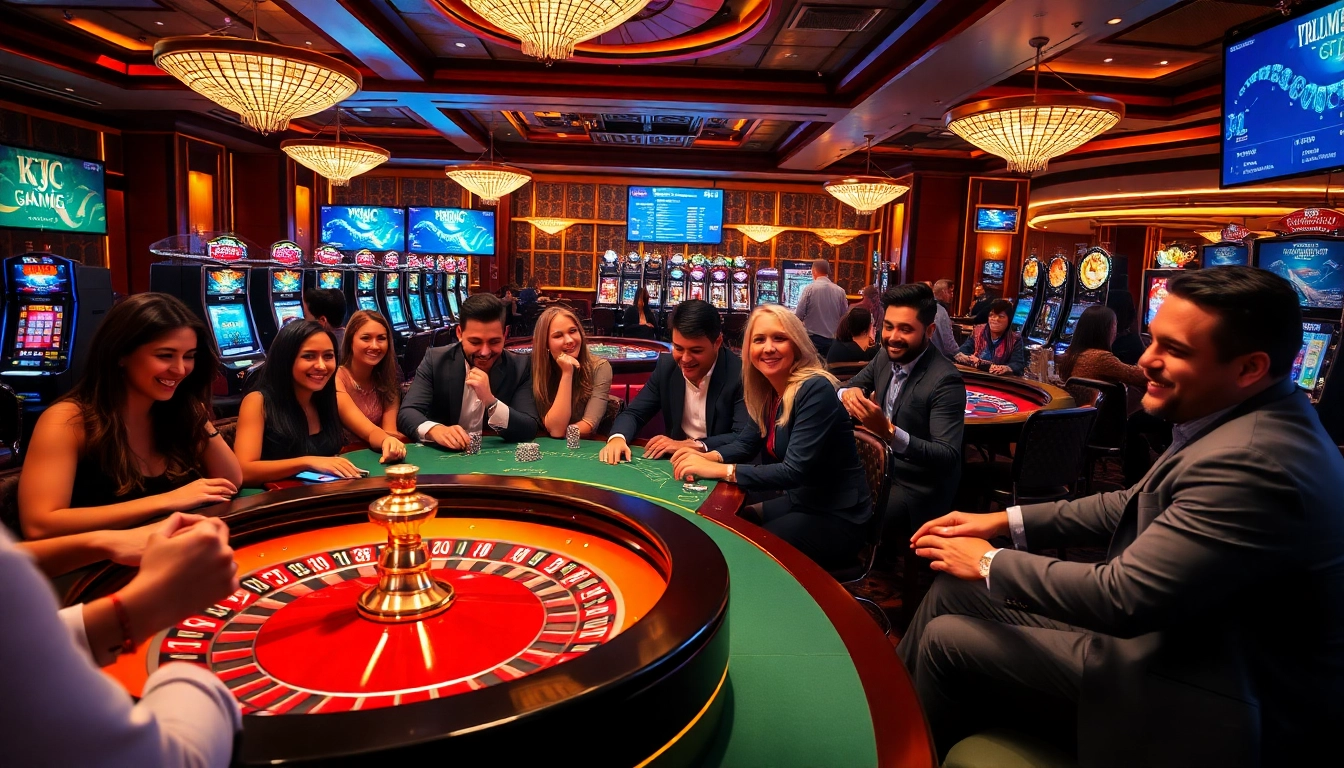KJC gaming experience at a luxurious casino featuring roulette wheels and thrilled players.