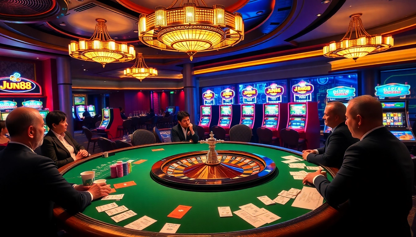 Players engaging in a thrilling game at Jun88 casino, featuring vibrant poker chips and roulette.