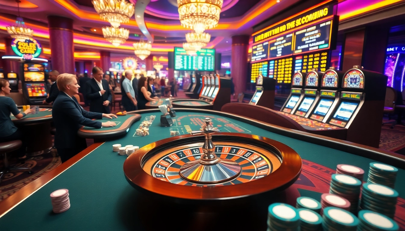 Socolive showcases a vibrant casino scene with players engaging at roulette and poker tables, emphasizing excitement in gambling.