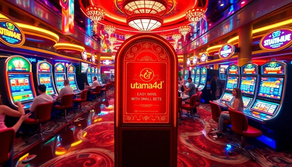 Rasakan kegembiraan di mesin slot Utama4D tempat para pemain merayakan kemenangan besar dan lampu kasino yang meriah meningkatkan suasana.