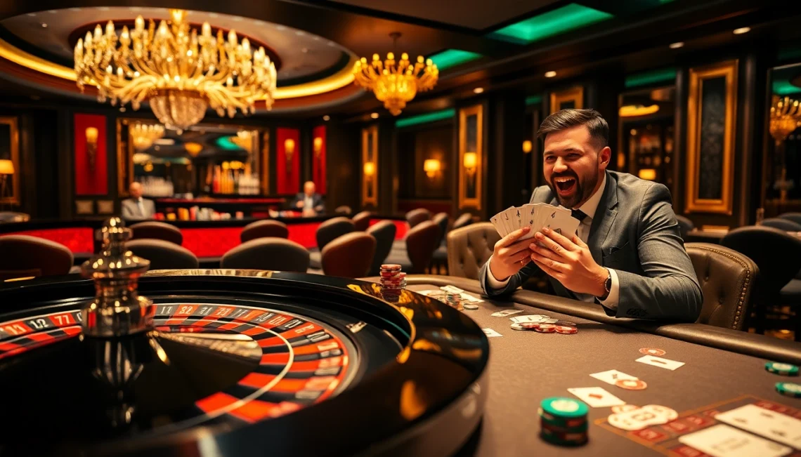 Topclub players enjoy a high-stakes poker game in a vibrant casino atmosphere.