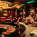 Topclub players enjoy a high-stakes poker game in a vibrant casino atmosphere.
