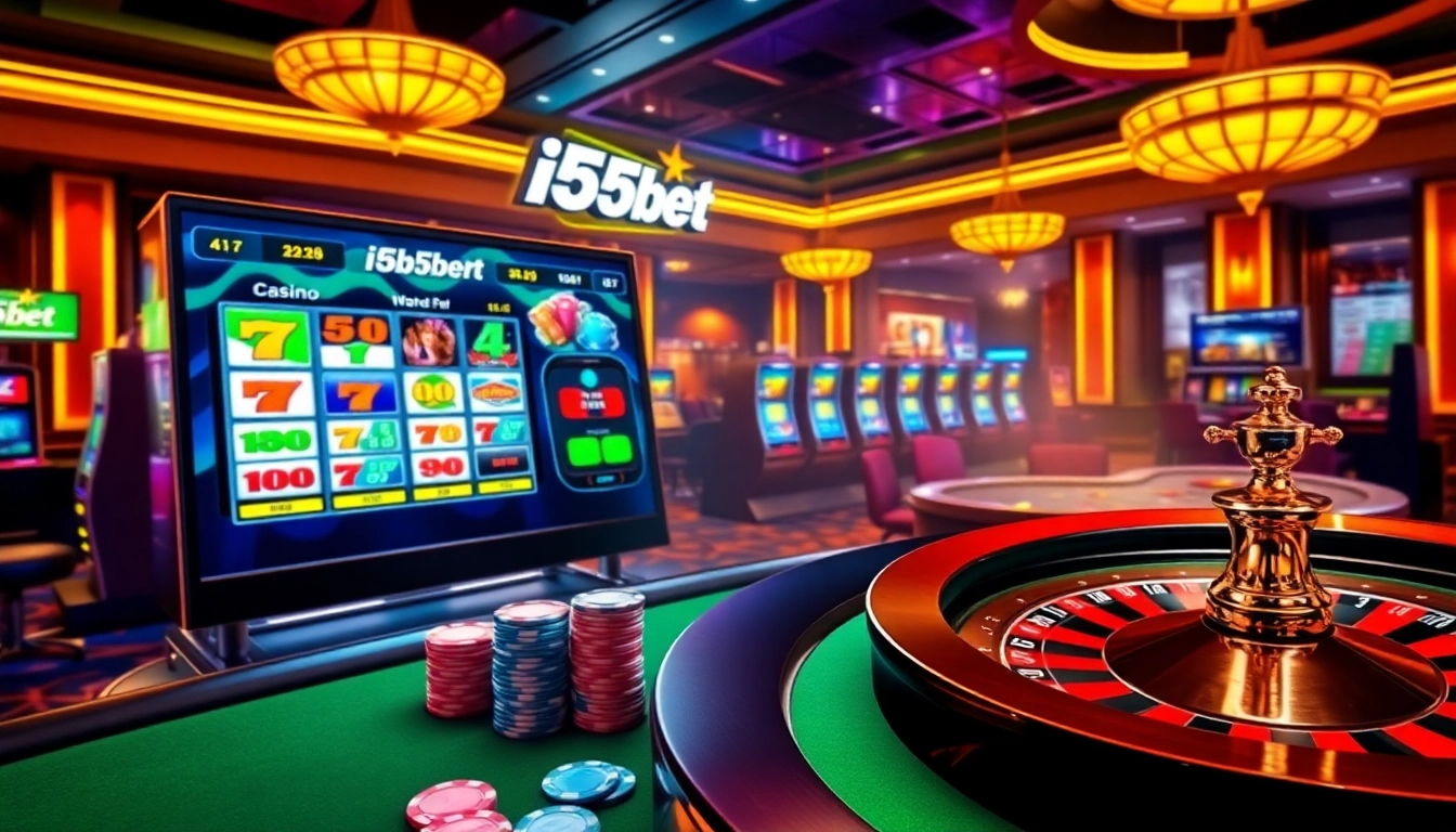 Gamblers enjoying the excitement at i5bet with vibrant slot machines and poker tables.