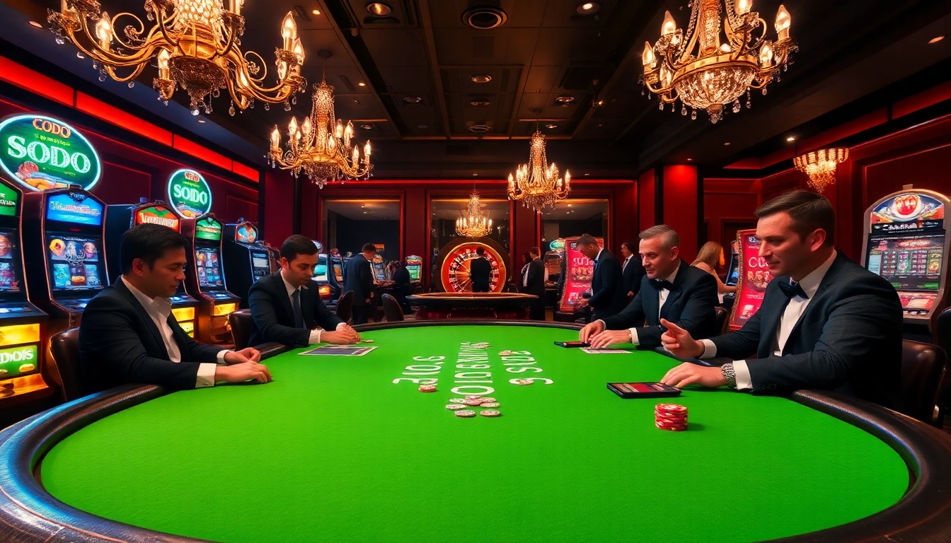 Players enjoying a high-stakes game at the SODO casino's luxurious poker table.