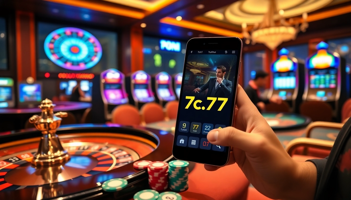 Enjoying thrilling games on the 7c77 app, surrounded by vibrant casino atmosphere.