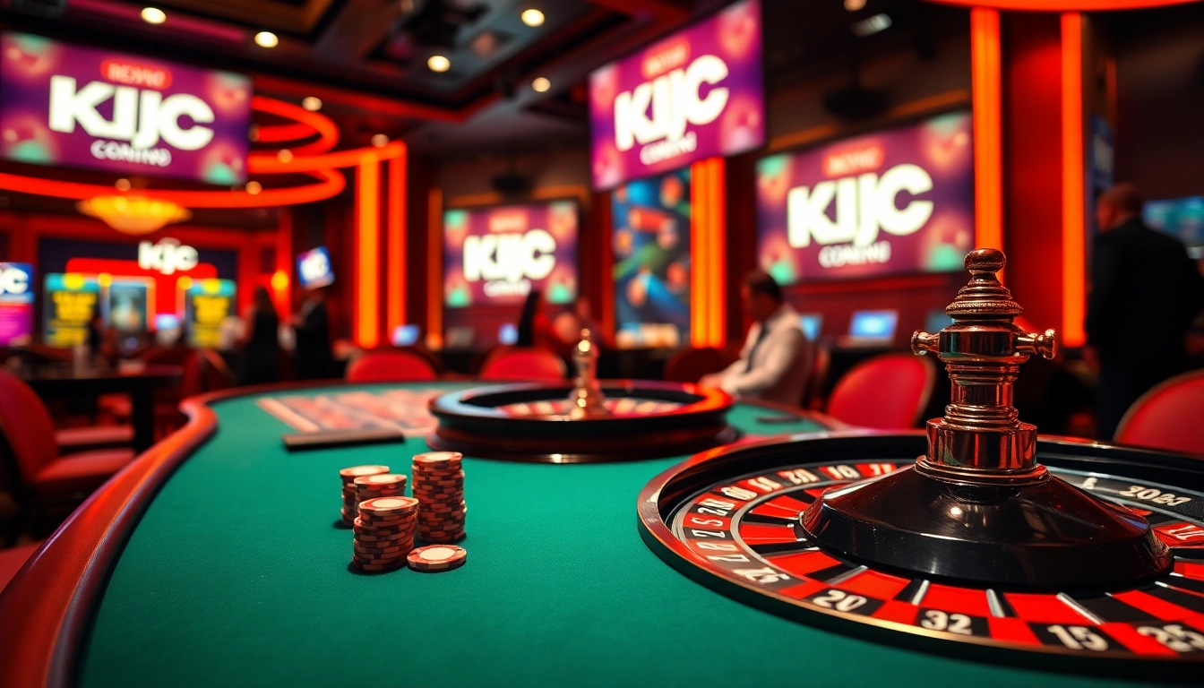 KJC casino experience with vibrant roulette table and excited gamblers placing bets.